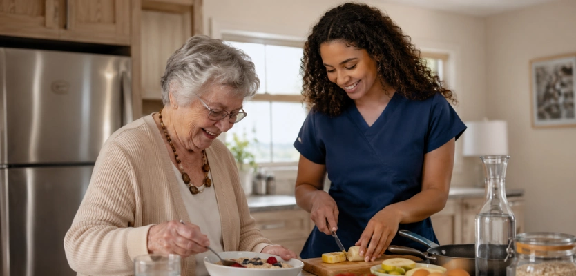 Caregiver preparing fresh fruit in the kitchen alongside an older woman
